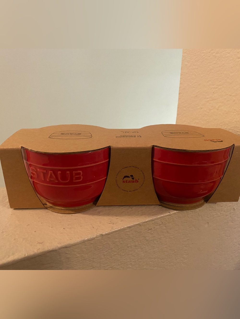 Staub Red Ceramic Ramekins Bowls.  Set of 2.New.
